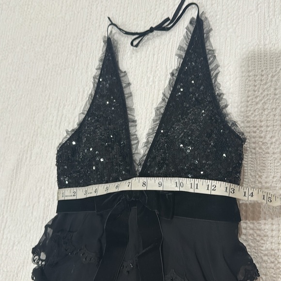 VINTAGE CACHE LUXE Black Silk Sequin Beaded Tier Ruffle Halter Cocktail Dress 4 - Picture 11 of 13